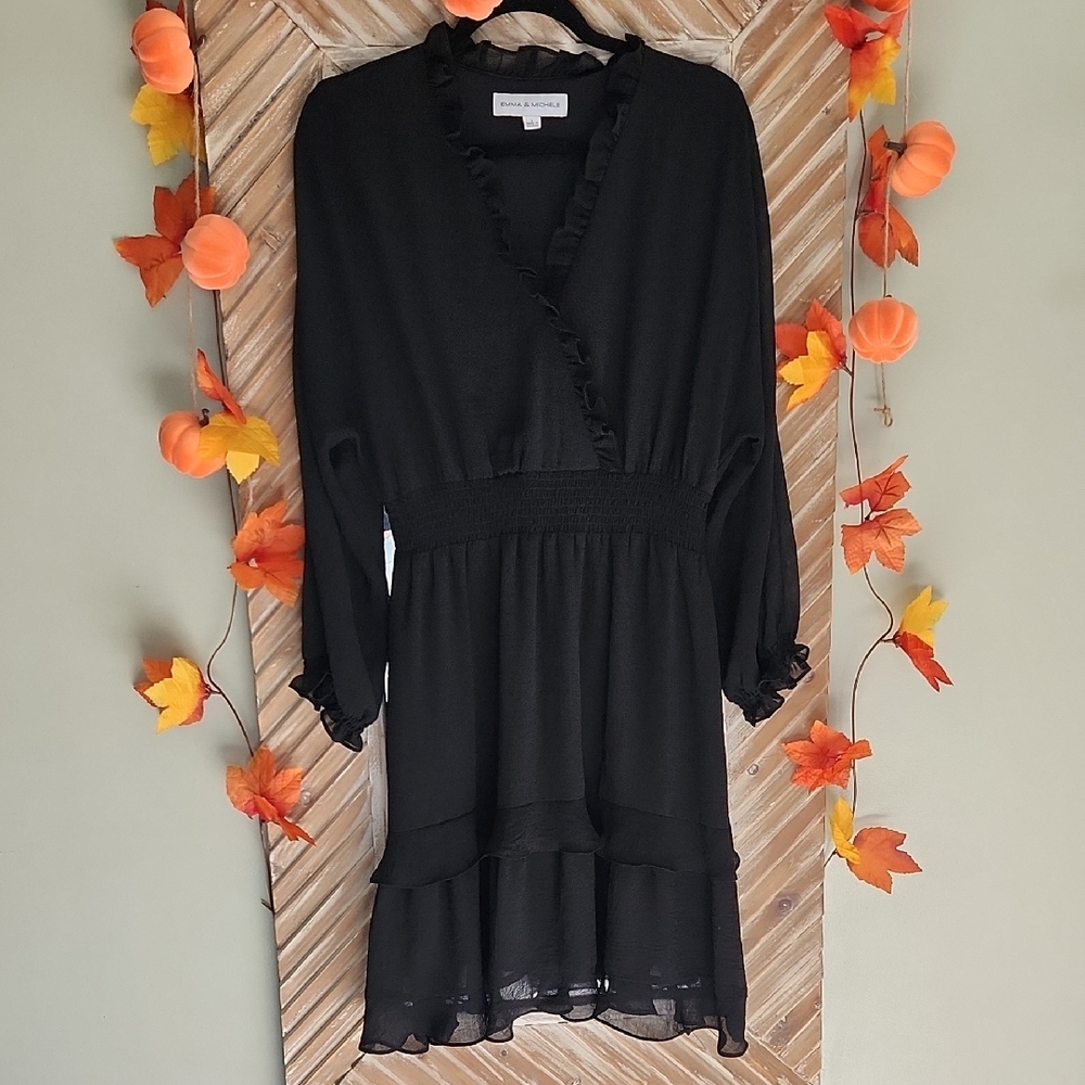 Emma & Michele Black Ruffle Long Sleeve Dress